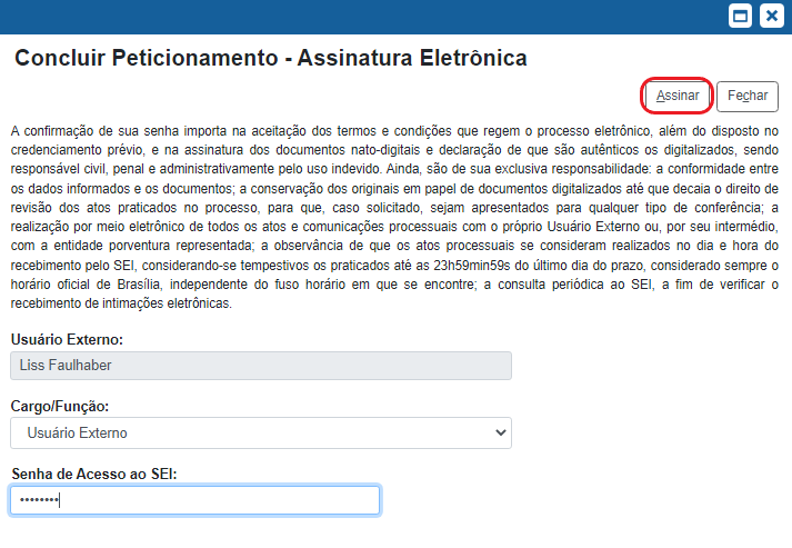 Assinatura eletrônica para concluir peticionamento