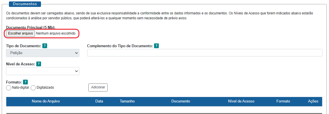 Escolher arquivo para documento externo