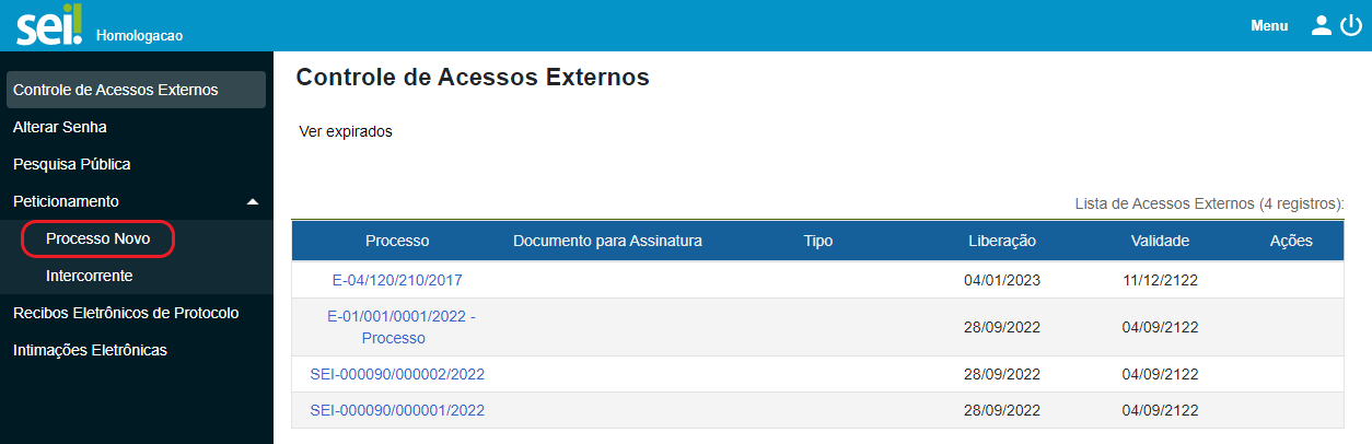 Tela de peticionamento de processo novo